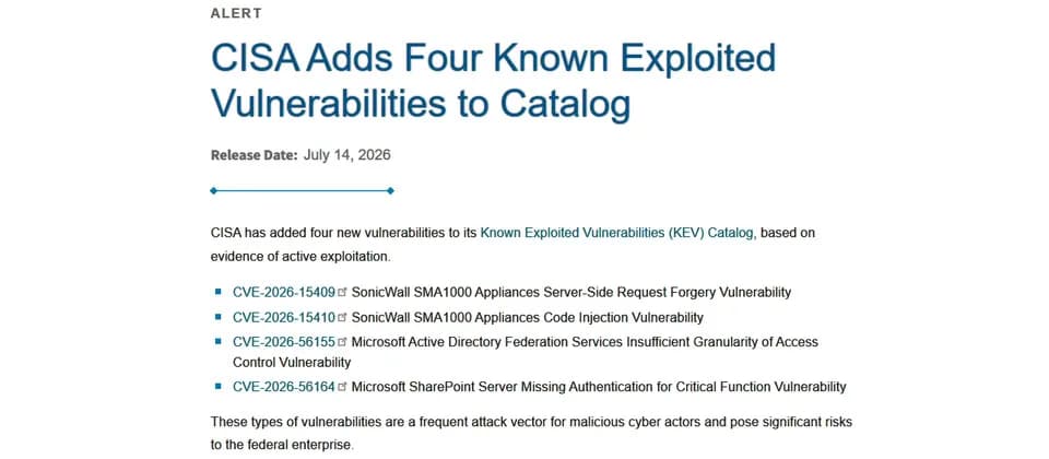 CISA 催修四個已遭利用漏洞：SharePoint Server 同 SMA1000 最快三日內要補
