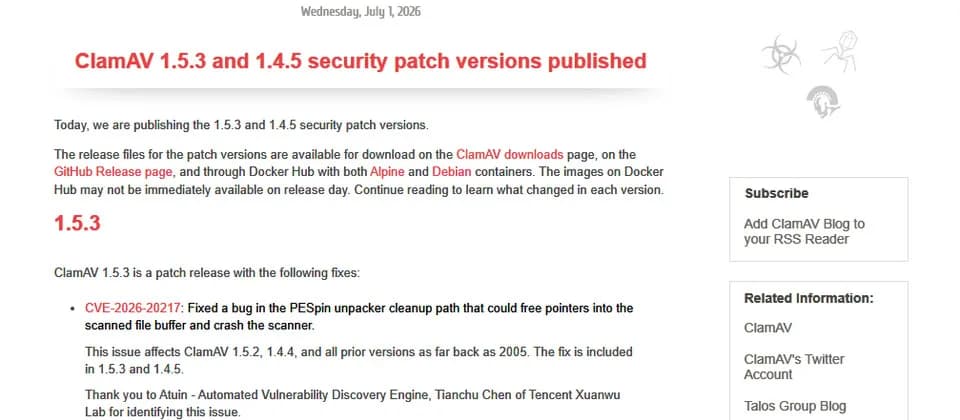 ClamAV 補 7 個高危漏洞，用嚟掃 email／NAS 檔案要快啲查版