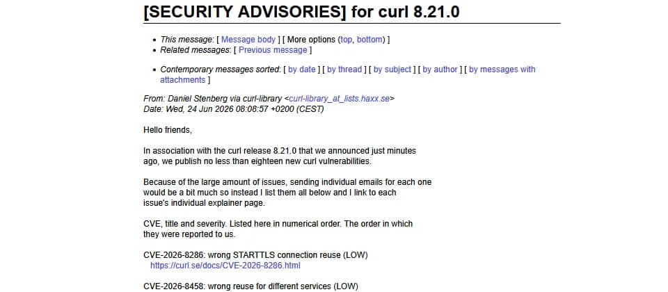 curl 8.21.0 修 18 個漏洞：真正要查係 libcurl 同 mTLS