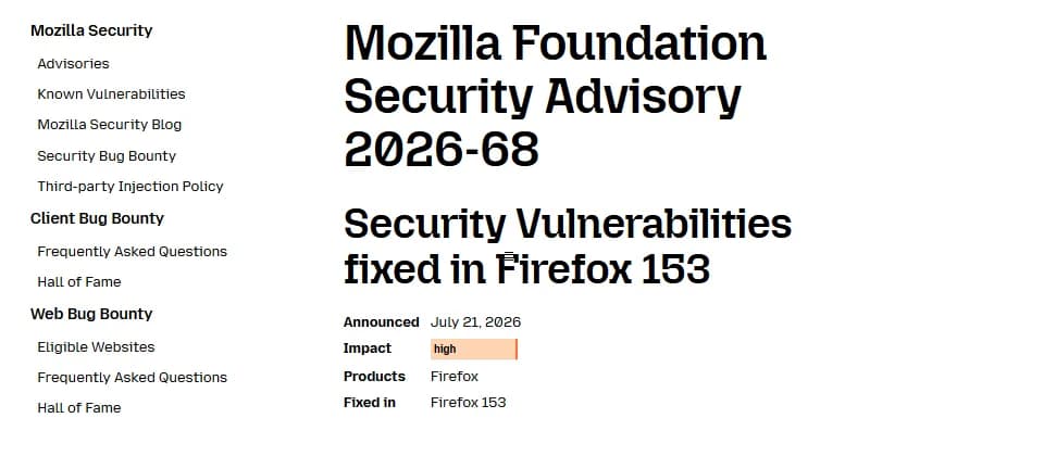 Firefox 153 修補 63 項 CVE：一般用戶同公司 ESR 點樣盡快更新