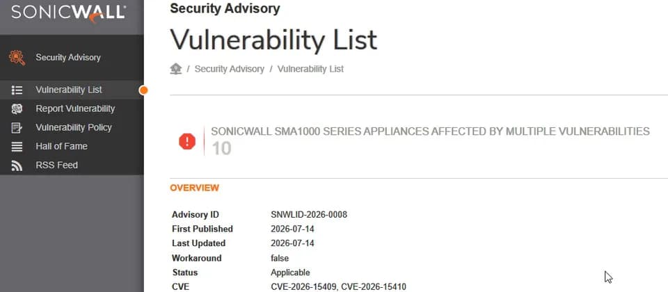 SonicWall SMA 1000 兩漏洞已有人利用：三款設備要即升級兼查入侵