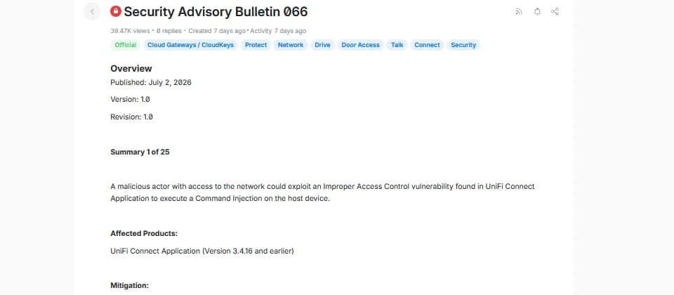 UniFi OS 25 個漏洞要補：Cloud Gateway 同 Protect 用家先查版本