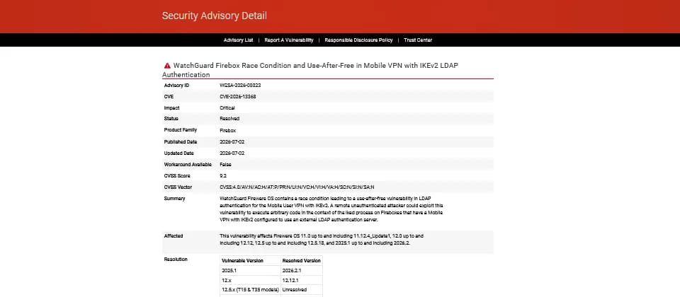 WatchGuard Firebox 高危 RCE 要即更新：用 LDAP 驗證嘅公司防火牆點查版本