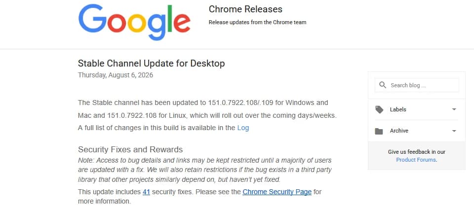 Chrome 151 一口氣補 41 個漏洞：電腦同 Android 更新後記得重開