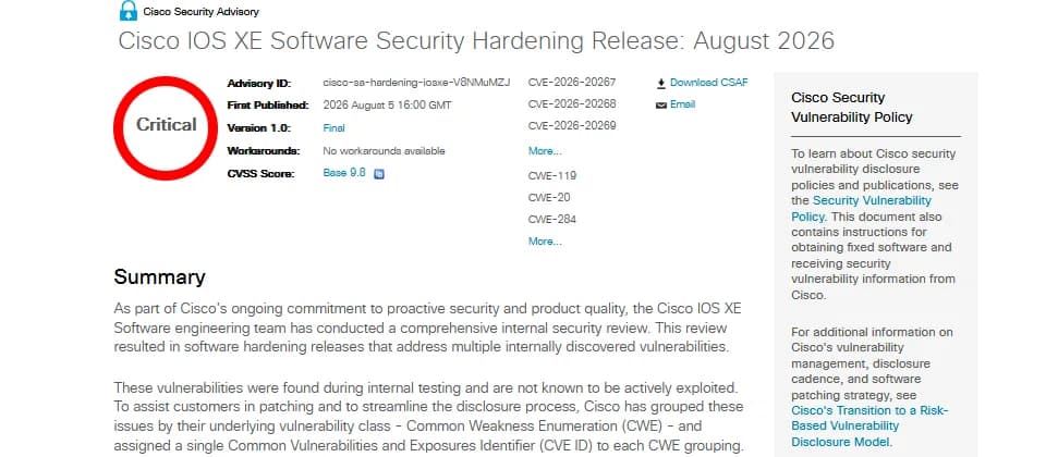 Cisco IOS XE 修補 7 組漏洞：最高 9.8 分，管理員要升去邊個版本？