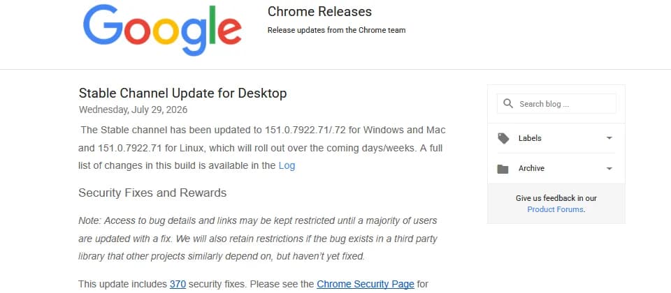 Chrome 151 一次修補 370 個安全問題:電腦同 Android 點樣即刻更新