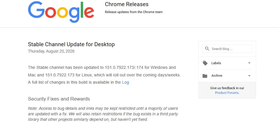 Chrome 151 兩日內再修 7 個漏洞:電腦同 Android 即刻更新