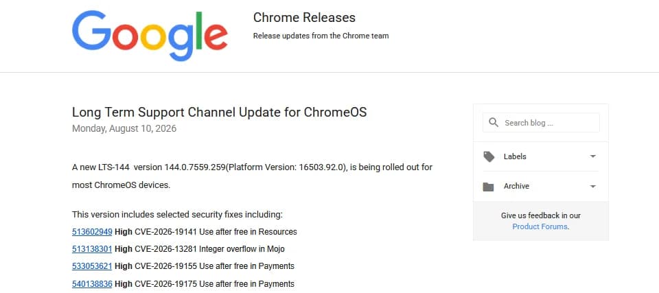 ChromeOS LTS-144 一口氣補 52 個漏洞,學校同公司 Chromebook 要即查版本