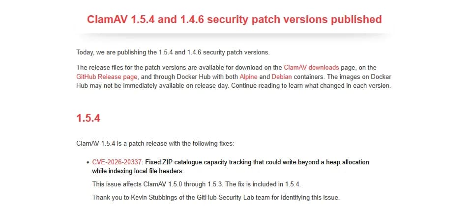 ClamAV 1.5.4/1.4.6 修補八漏洞,收附件同上載檔案嘅 server 要先升級