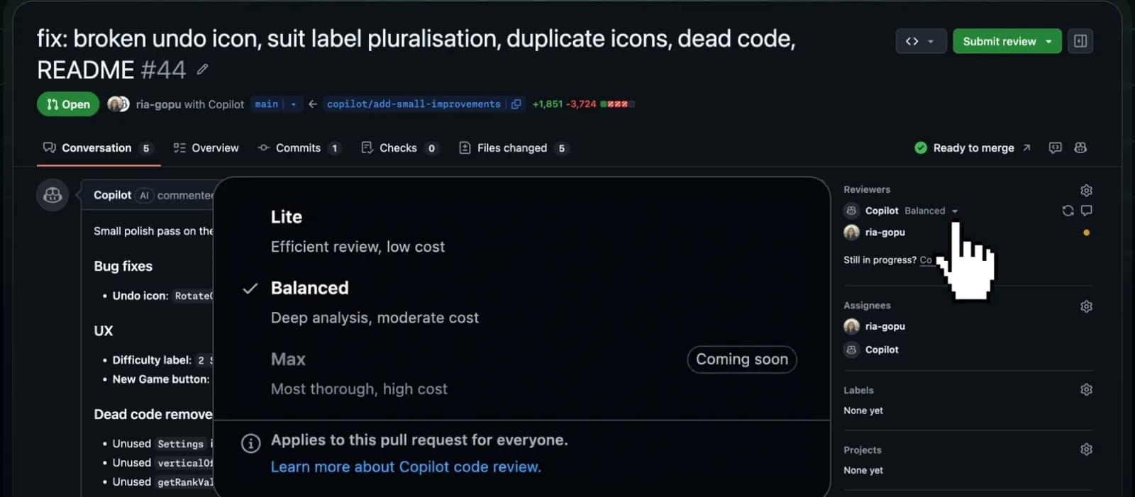 GitHub Copilot 審查分 Lite 同 Balanced:複雜改動睇深啲,成本亦會跟住升
