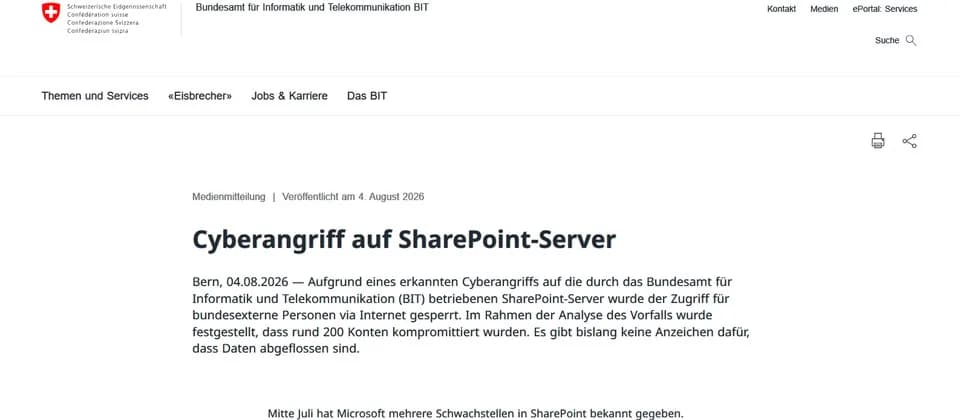 瑞士政府 SharePoint 疑遭入侵:裝完更新都要查清攻擊者走咗未