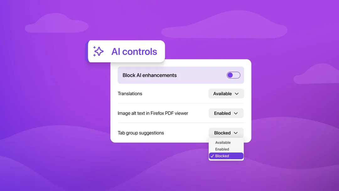 Firefox AI controls 設定畫面，顯示阻擋 AI enhancement 開關