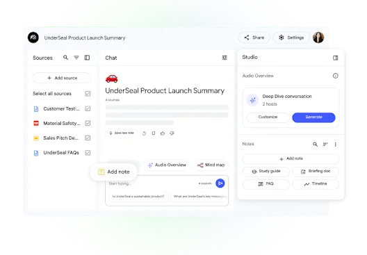 NotebookLM 入面用上傳資料做摘要同 Audio Overview 嘅介面