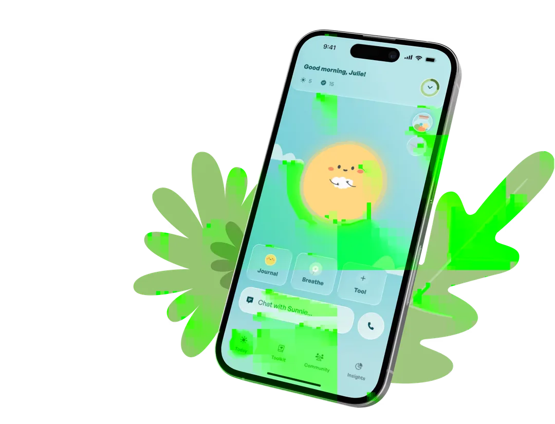 Flourish 官方頁展示手機 app 首頁同 Sunnie wellness 工具