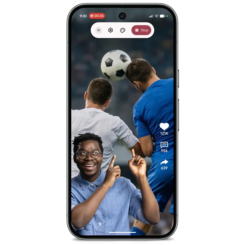 Pixel Screen Reactions 示範自拍鏡頭疊喺 screen recording 入面