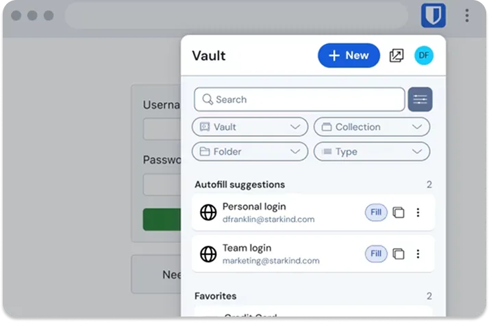 Bitwarden 密碼庫介面截圖,顯示 browser extension 入面嘅登入資料列表