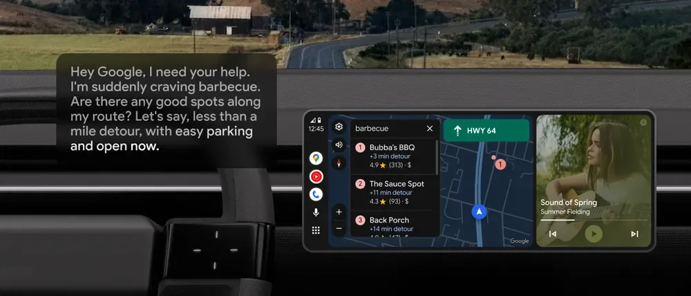 Android Auto 分割畫面示範,用語音搵路線附近餐廳