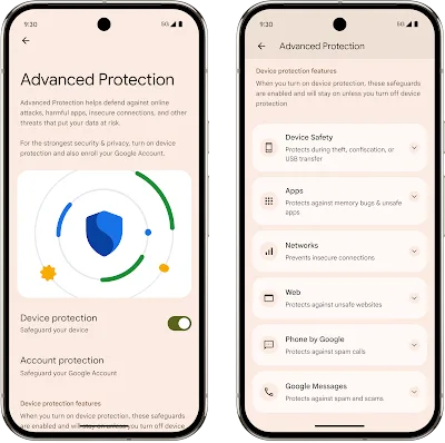 Android Advanced Protection Mode 頁面截圖，見到 Device protection 同各類保安項目