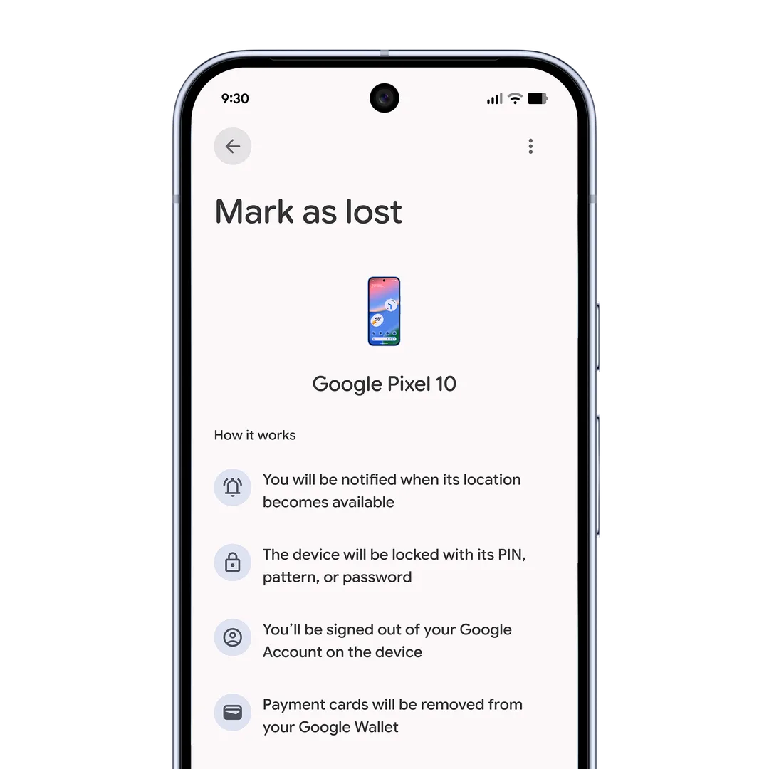 Google Find Hub 入面標記 Pixel 手機遺失嘅官方示意畫面