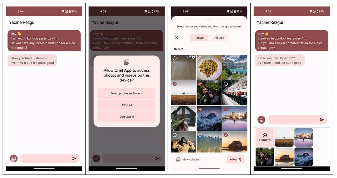 Android 14 嘅部分相片存取示意,app 只可以睇到用戶揀中嘅相片同影片