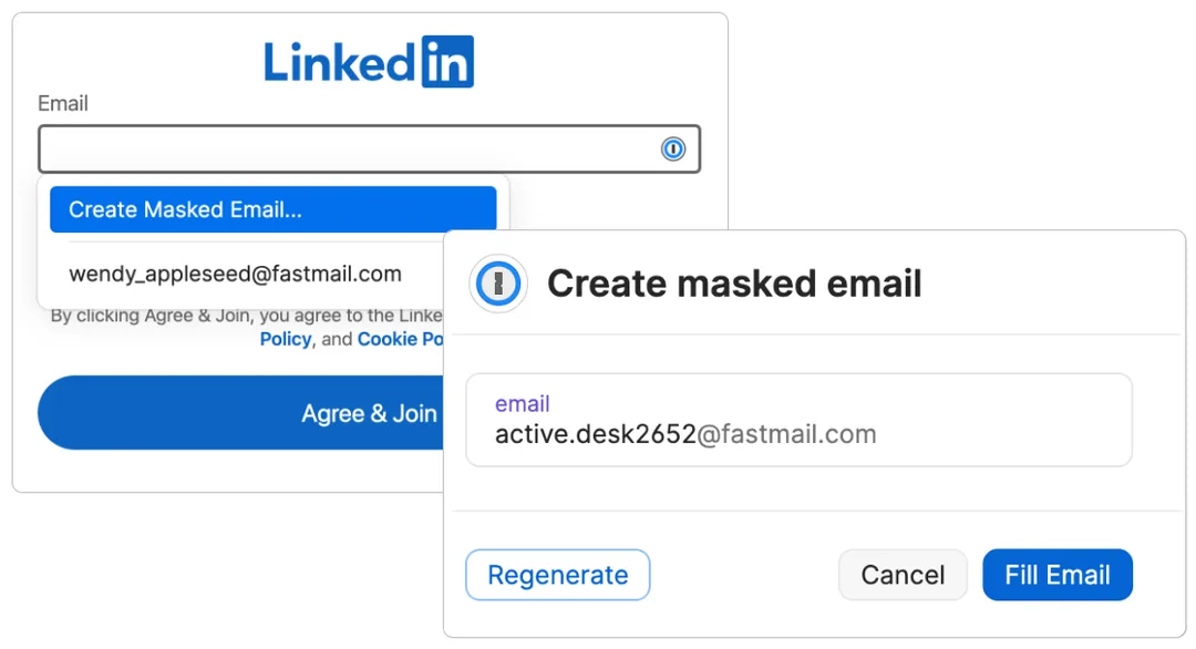 1Password 入面建立 Fastmail Masked Email 嘅畫面