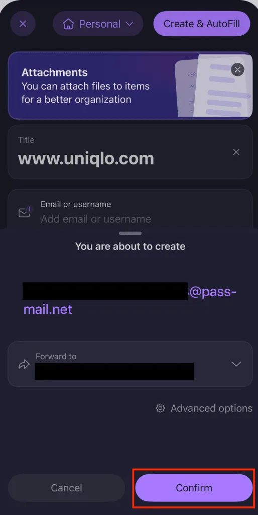 Proton Pass 確認建立 email alias 嘅手機畫面