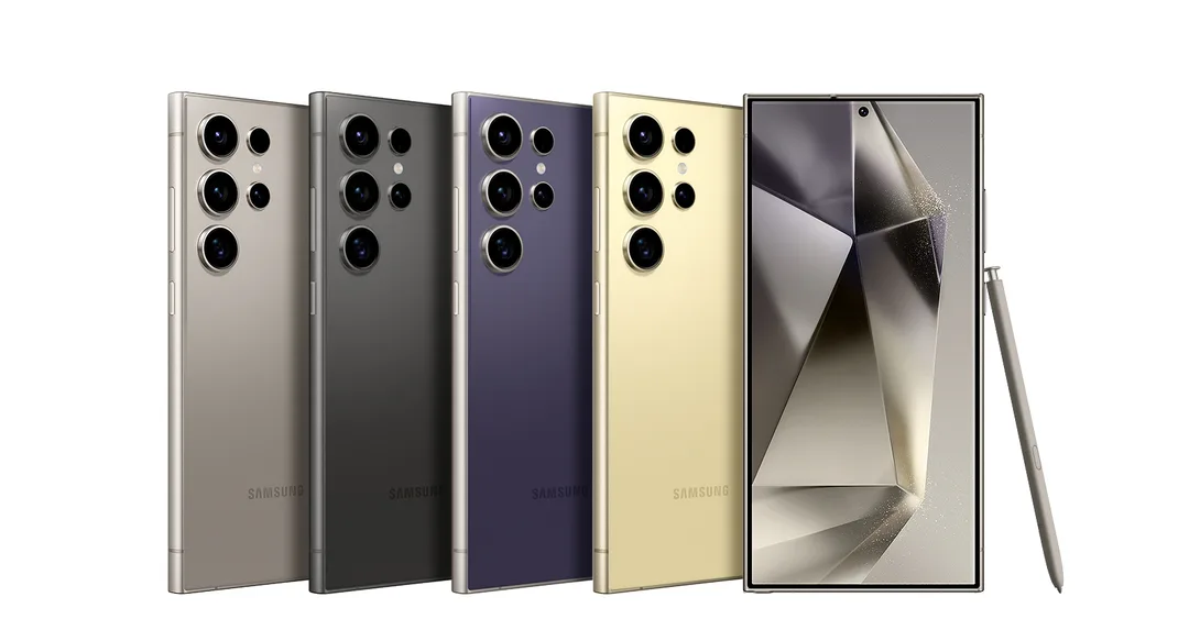 多部 Galaxy S24 Ultra 顏色款同正面屏幕排列