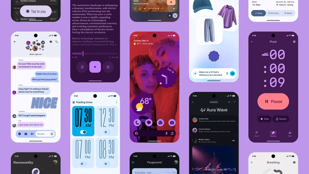 Material 3 Expressive 喺 Android 多個手機畫面嘅官方示意圖