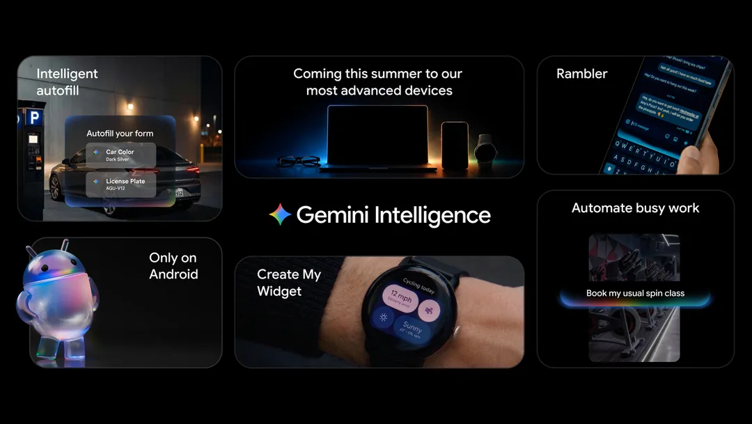 Gemini Intelligence 功能拼貼,包括 Autofill、Rambler 同 Wear OS widgets