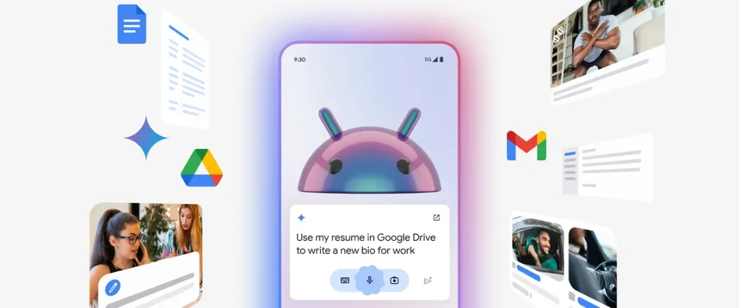 Android 手機上嘅 Gemini overlay 示意,畫面顯示用 Drive 履歷寫工作 bio