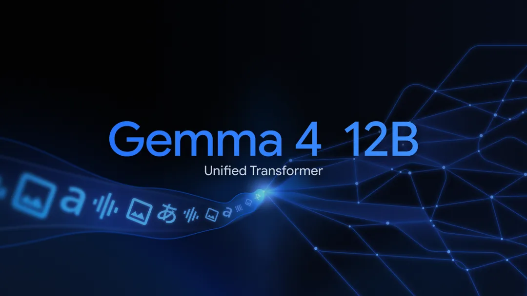 Gemma 4 12B 官方主圖，展示 laptop 本機多模態 AI 定位