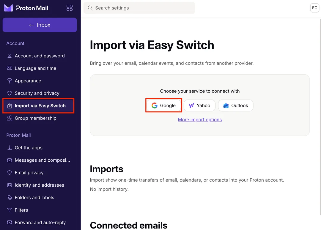 Proton Mail 設定頁入面嘅 Easy Switch Gmail 匯入選項