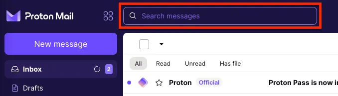 Proton Mail web app 入面嘅搜尋列