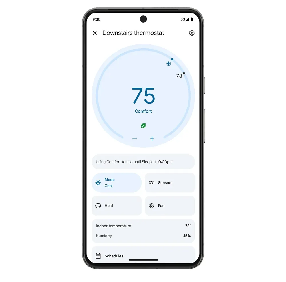 Google Home app 入面嘅 thermostat 控制介面
