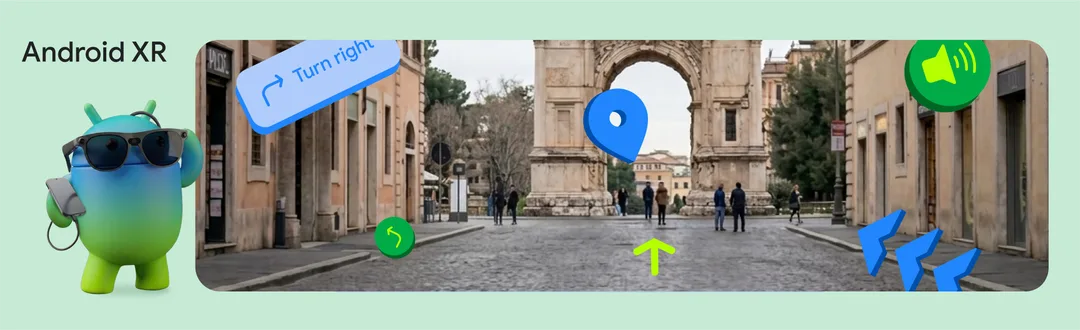 Google XR Geospatial Tour demo 圖，展示 Android XR 導航同景點提示概念