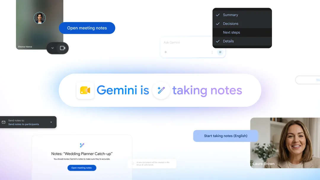 Google Meet 入面用 Gemini 記會議筆記嘅官方示意圖