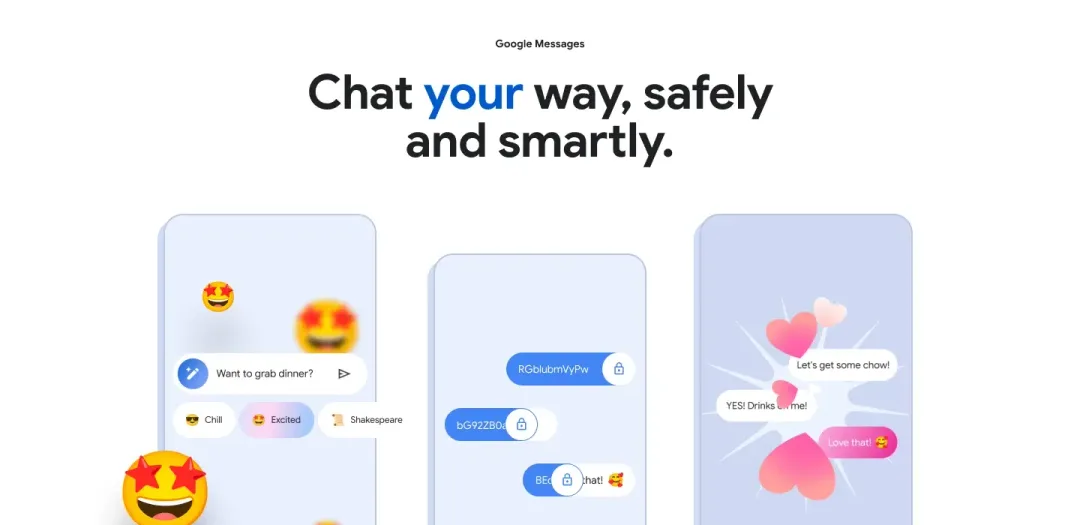 Google Messages 官方產品頁入面三部手機展示聊天泡泡同 emoji reaction