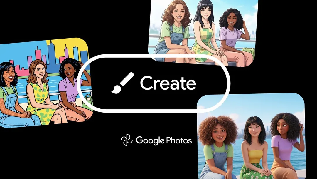 Google Photos Create tab 宣傳圖,畫面展示多款 AI 生成風格同 Create 按鈕