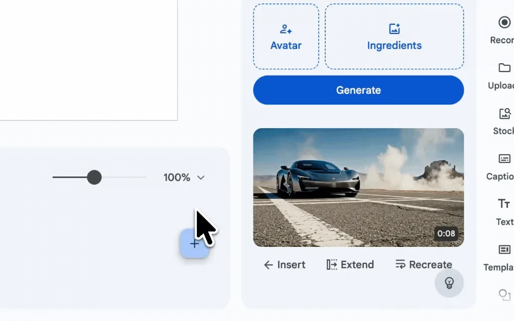 Google Vids 入面用 Veo Extend 延長 AI 片段嘅示範畫面