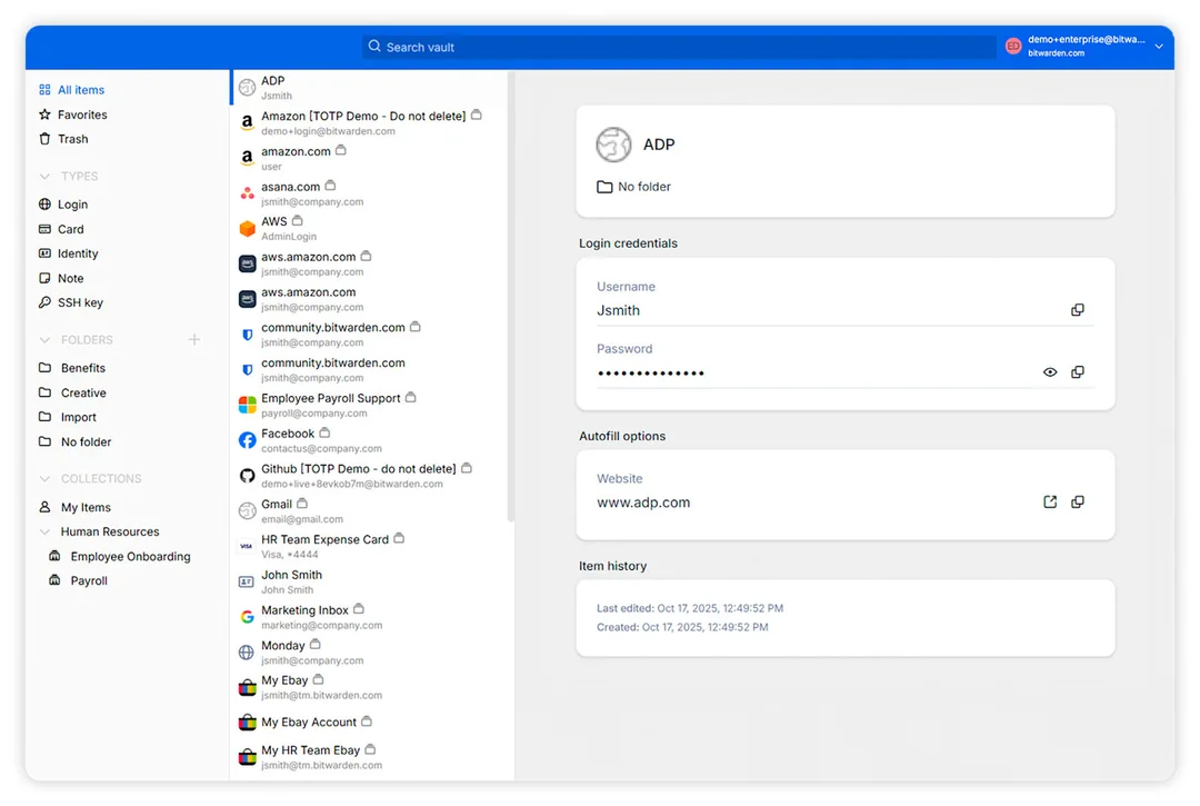 Bitwarden Windows app 顯示 vault 同登入項目畫面