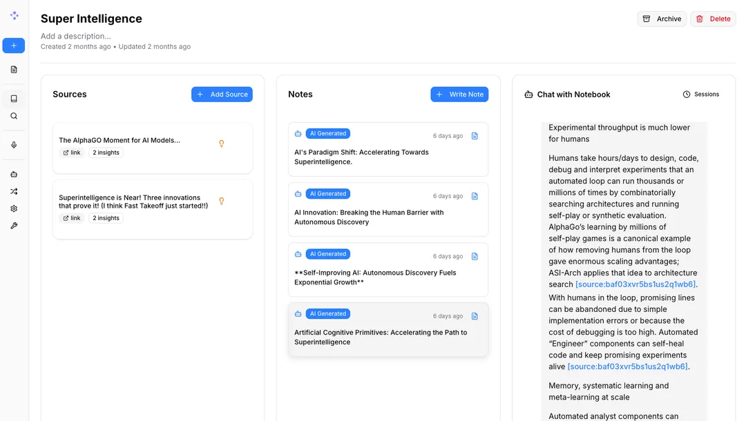 Open Notebook 官方 repo 入面嘅新 notebook 介面截圖,顯示來源列表同筆記區