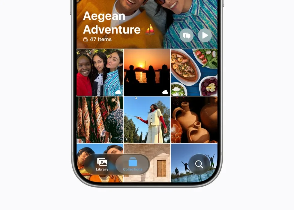 iPhone 17 Pro 上嘅相片 app 顯示 iCloud 共享相簿「Aegean Adventure」畫面