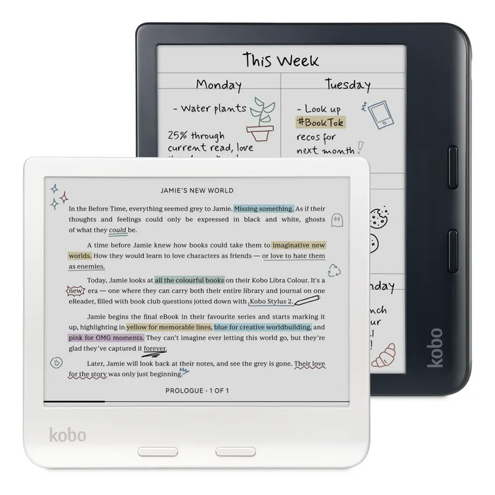 黑白兩部 Kobo Libra Colour 電子書閱讀器,畫面顯示彩色標註同筆記