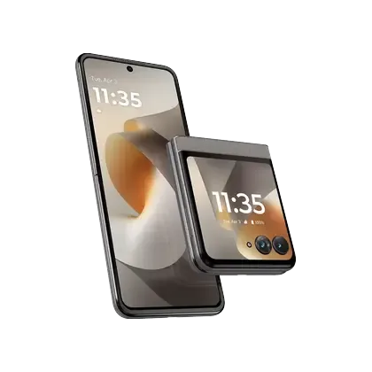 Motorola Razr 2026 Hematite 色產品圖，打開同摺起狀態並排