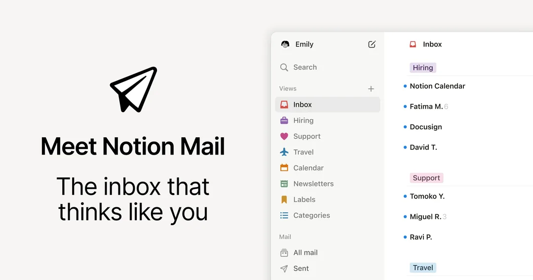 Notion Mail 官方產品圖,右邊見到用 views 分類嘅 inbox 畫面