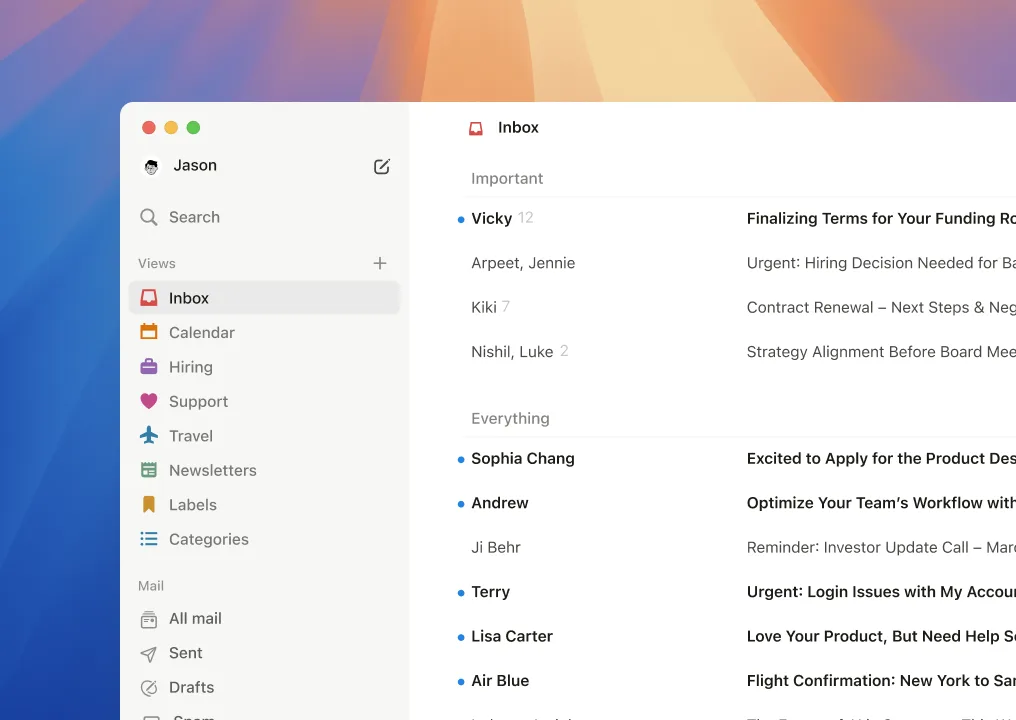 Notion Mail Mac 版畫面,sidebar 入面有 Inbox、Calendar、Hiring 等 view