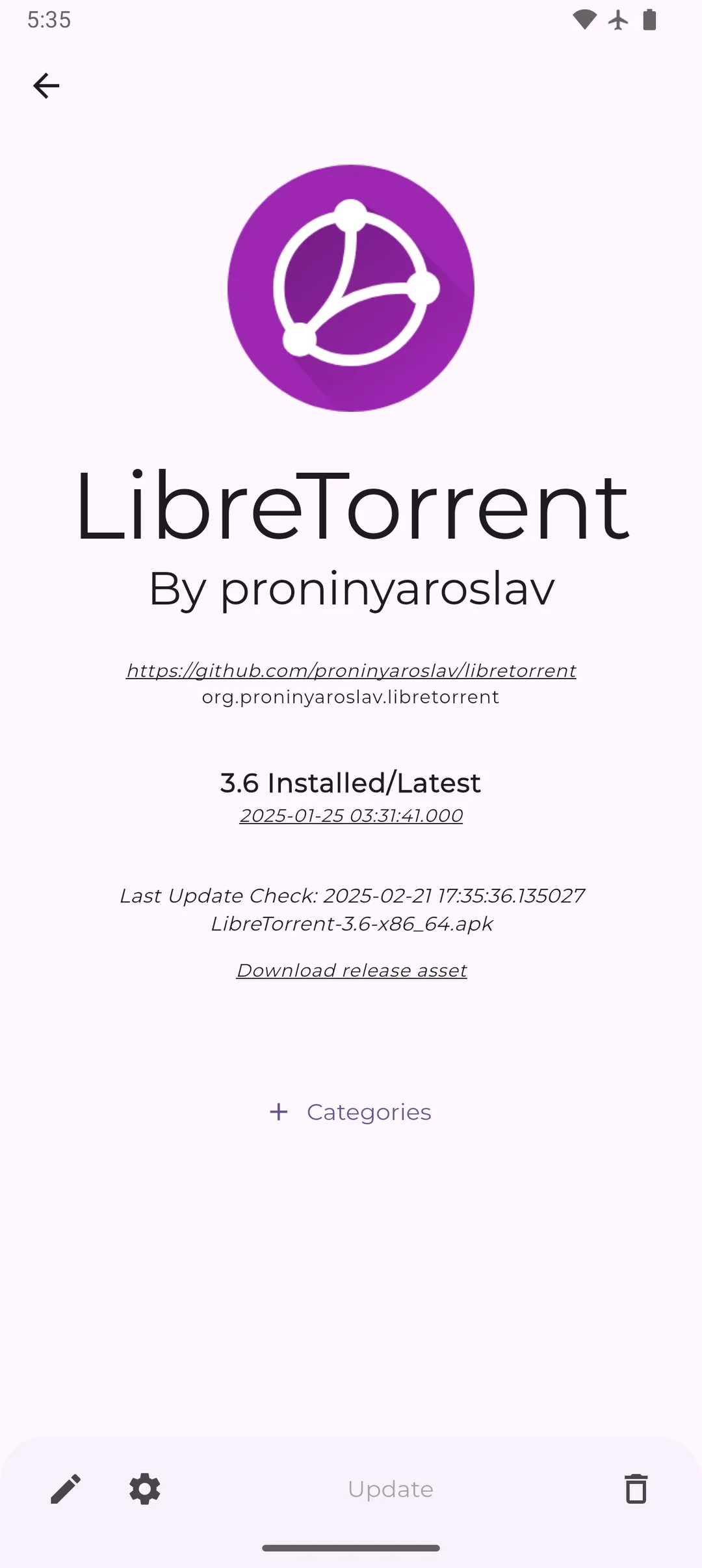 Obtainium 單一 app 頁面,顯示來源同更新狀態