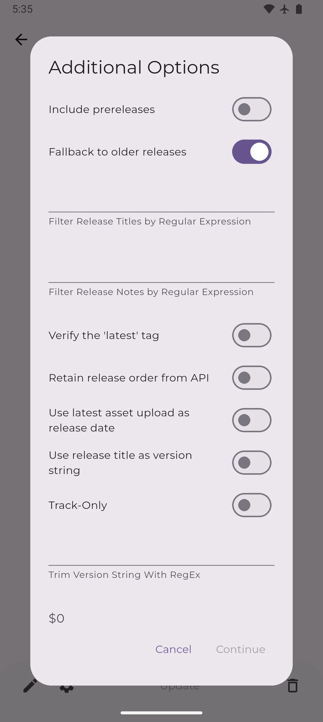 Obtainium app 選項畫面,可調校更新同篩選設定