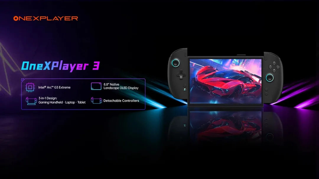 ONEXPLAYER 3 正面產品圖,顯示 8.8 吋 AMOLED 屏幕同可拆手掣