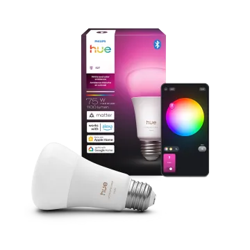 支援 Matter 嘅 Philips Hue 燈泡、包裝同手機 app 畫面